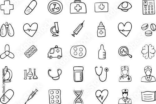 Hand Drawn Doodle Medical Icons and Symbols in Black and White