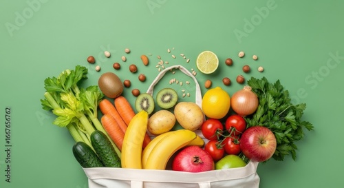 Shopping bag full healty food on green background. healthy food concept 