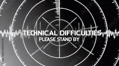 Technical Difficulties Please Stand By Broadcast Screen with Radar Target and Signal Interference