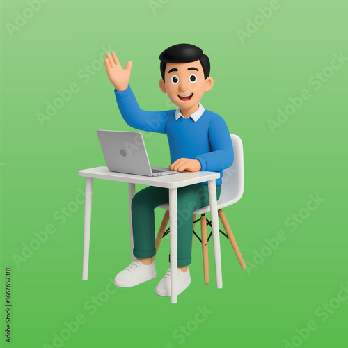 3D illustration of a man using a laptop while waving hello