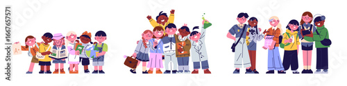 Groups of students of elementary, middle and high school set. Kids with different ages standing together. Primary, secondary and senior pupils. Flat isolated vector illustrations on white background