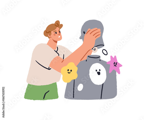 Emotional intelligence and self-reflection, psychology concept. Man processing different emotions and moods, releasing inner world, mind. Flat vector illustration isolated on white background