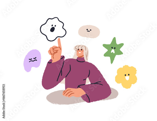 Emotional intelligence, psychology concept. Woman choosing between different emotions for balance. Feelings control, mood management, regulation. Flat vector illustration isolated on white background