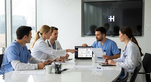 Medical professionals collaborating in a meeting, reviewing data on a laptop screen.