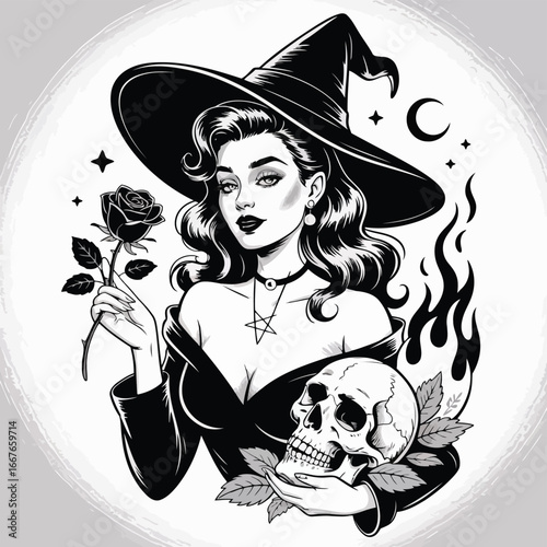 Vector illustration of Vintage Witch Holding Rose and Skull with Flames halloween magic