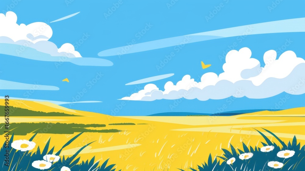 Obraz premium Fresh Spring Outing Wallpaper: Aesthetic Hand-Drawn Scene of Flower Sea & Blue Sky