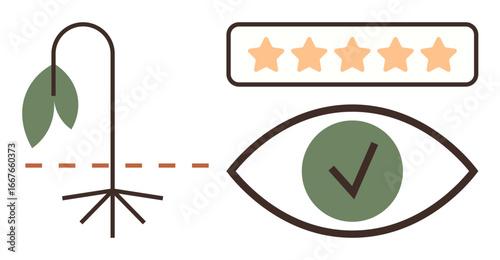 Wilting plant symbolizing dissatisfaction, five-star rating bar for feedback, green eye with checkmark for approval. Ideal for business growth, quality assurance, customer feedback, success