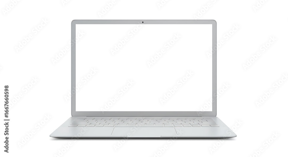 Fototapeta premium A light gray laptop with a blank screen, isolated on a white background.