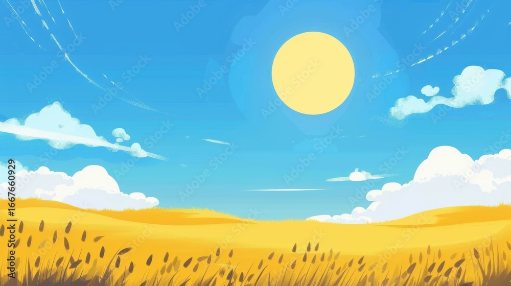 Obraz premium Fresh Spring Outing Wallpaper: Aesthetic Hand-Drawn Scene of Flower Sea & Blue Sky