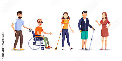 Set of Disabled Characters Blind Woman with Cane, Man in Wheelchair, Woman with Robotic Hand Prosthesis, Sportsman with Bionic Leg Prosthesis, Girl on Crutches. Cartoon People Vector Illustration icon