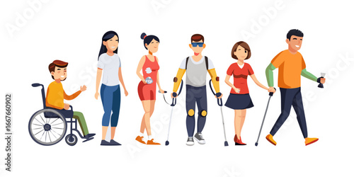 Set of Disabled Characters Blind Woman with Cane, Man in Wheelchair, Woman with Robotic Hand Prosthesis, Sportsman with Bionic Leg Prosthesis, Girl on Crutches. Cartoon People Vector Illustration icon