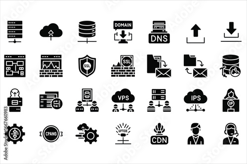 Web Hosting and Server Technology Icons Set – Domain, DNS, SSL, VPS, Cloud, and Data Security Vector Pack