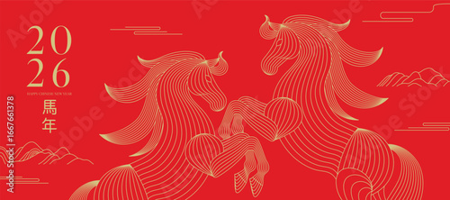 Happy Chinese new year 2026 on red background design vector. Year of the horse zodiac with horse and mountain gold line art. Illustration for banner, website, social media, Happy New Year, ads.