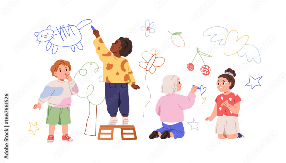 Kids drawing on wall. Cute children, creative kindergarten group, girls and boys with chalks, crayons, doodles, scribbles, sketches on wallpaper. Flat vector illustration isolated on white background Kids drawing on wall. Cute children, creative kindergarten group, girls and boys with chalks, crayons, doodles, scribbles, sketches on wallpaper. Flat vector illustration isolated on white background