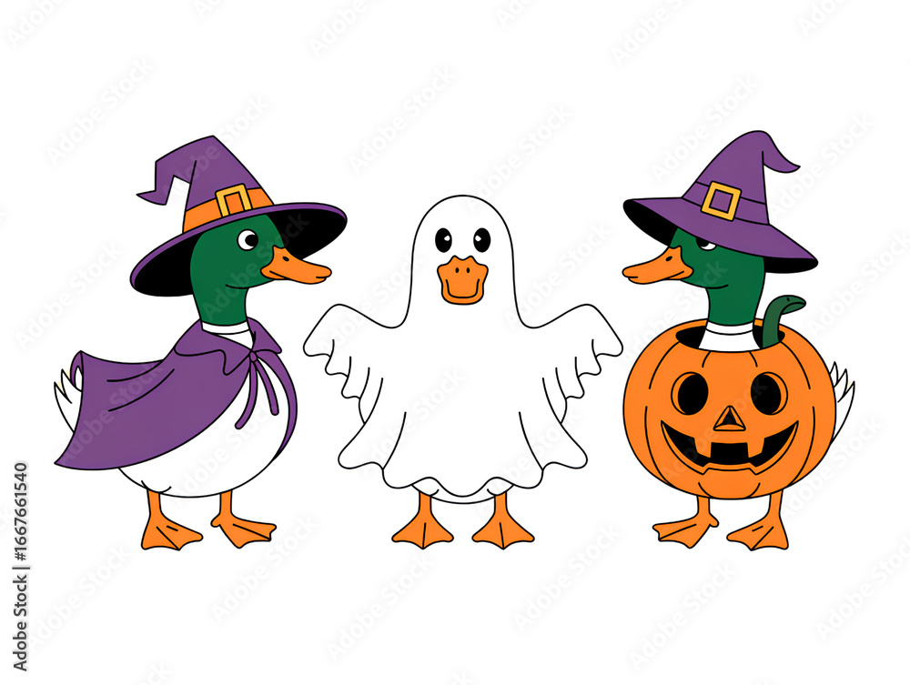Obraz premium Three cartoon ducks dressed for Halloween costume ghost isolated on a transparent background