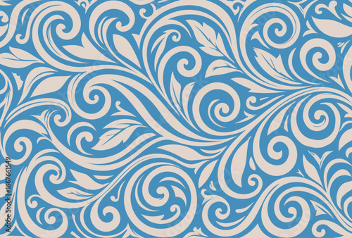 Elegant Floral Swirls on Blue A Decorative Design, Clothes fabric texture vector, seamless floral elegant damask pattern, featuring swirling, Ceramic floral tiles vector design, wall art decoration. 
