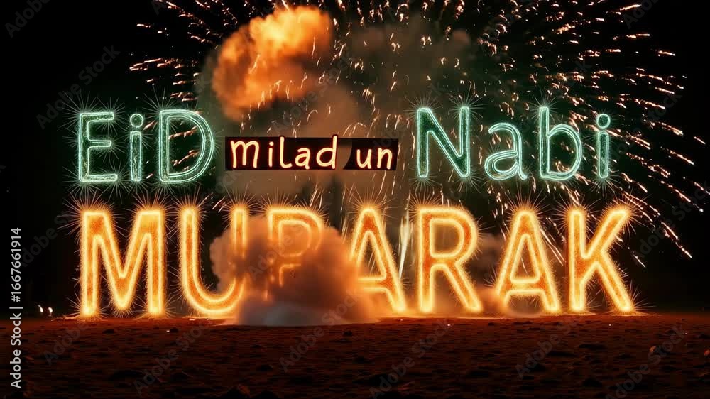 Eid Milad un Nabi Mubarak glowing text with dynamic fireworks for celebration and joyful wishes