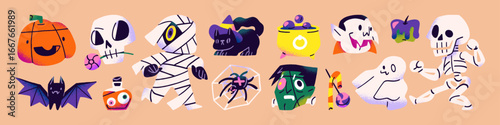 Halloween set in doodle style. Spooky Helloween characters- cute skeleton, scary vampire, ghost, head of pumpkin and funny mummy. Creepy party of October holiday. Flat isolated vector illustrations