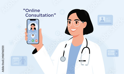 Flat Style Illustration Doctor with Online Consultation on Smartphone Medical