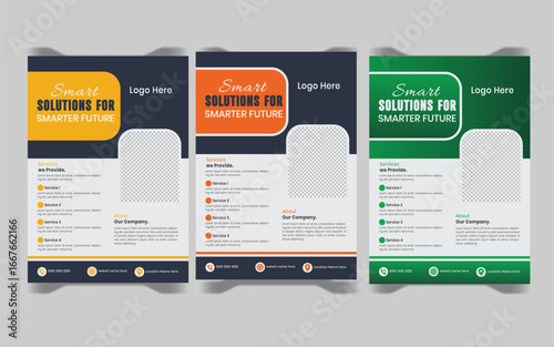 business flyer template design set. 3 templates of different colors a4 flyer template, modern business flyer template, abstract business flyer and creative design, IT company flyer and editable vector