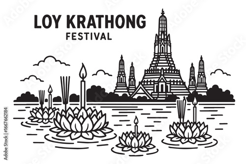 Vector background with Loy Krathong festival theme, drawn in black and white, highlighting floating krathongs, temples, cultural symbols, and strong black outlines.