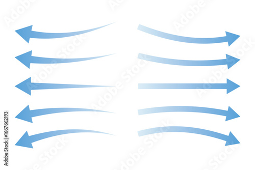 Air flow. Set of blue arrows showing direction of air movement. Wind direction arrows. Blue cold fresh stream from the conditioner.