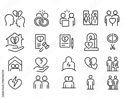 Set of outline icons related to divorce. Linear icon collection