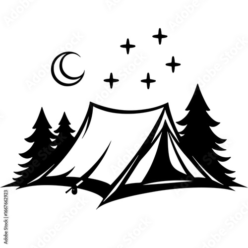 Sketchy emblem of tourist tent on a camping site. Engraving minimalistic vector in black ink drawing on transparent background