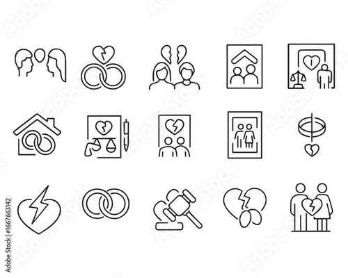 Set of outline icons related to divorce. Linear icon collection