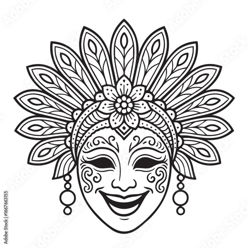 Black and white vector composition featuring MassKara Festival mask, celebrating joy and culture, illustrated with festive decorations and clean strong black outlines.