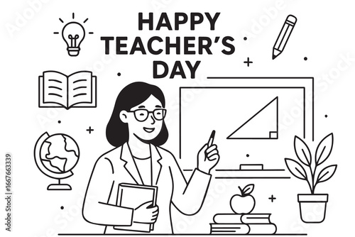 Black and white vector background for Happy Teacher’s Day, showcasing inspirational classroom details like globe, books, pencils, and blackboard, designed with clean outlines.