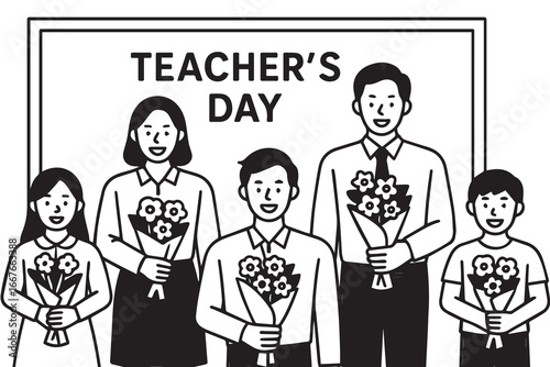 Elegant monochrome vector artwork created for Happy Teacher’s Day celebration, featuring school items and appreciation symbols, illustrated with distinct and neat black outlines.