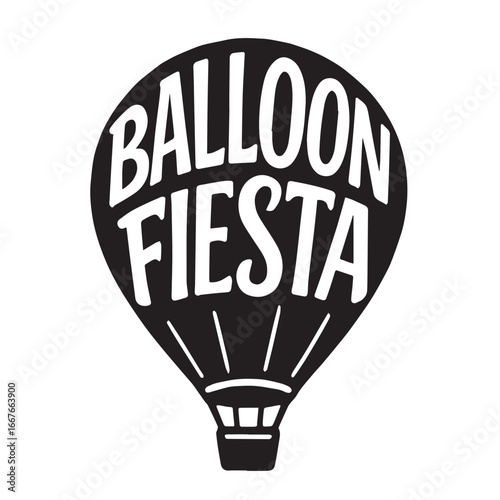 Vector design in black and white featuring a hot air balloon for International Balloon Fiesta, outlined strongly in black with detailed decorative elements.
