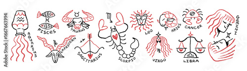 Twelve zodiac signs doodle set. Sketches of astrology constellations. Drawing symbols of horoscope, star calendar- Aries, Gemini, Leo, Scorpio. Flat isolated hand drawn vector illustrations on white