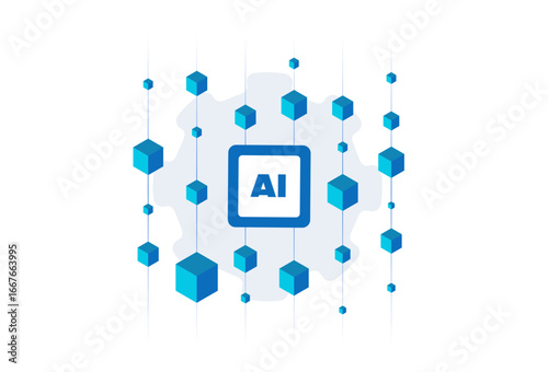 AI blockchain integration for digital transformation and secure innovation in business. Artificial intelligence working with distributed ledger blockchain technology. Flat vector illustration