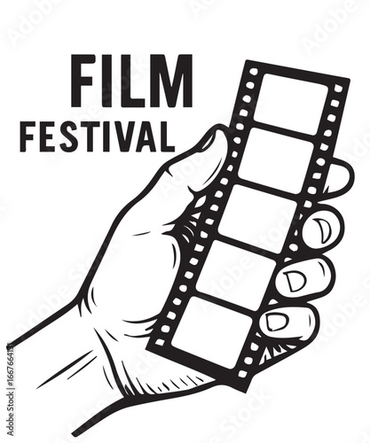 Minimalist black and white vector background for film festival promotional materials, including poster, banner, flyer, with cinematic icons highlighted in bold black outlines.