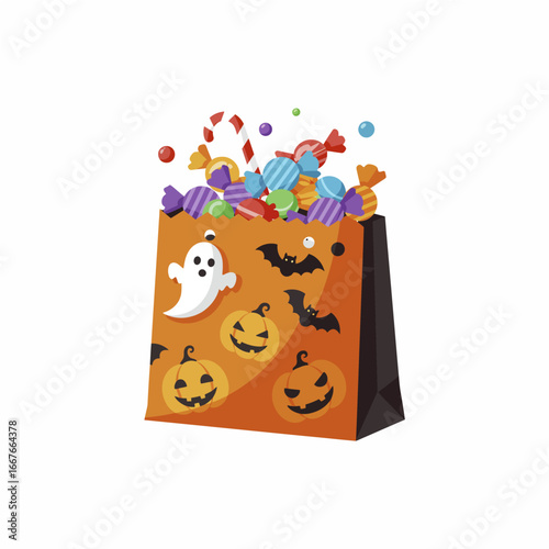 Halloween trick or treat candy bag icon vector in cute cartoon style. Perfect for spooky night posters, party invitations, seasonal decorations, kids Halloween events, and holiday graphics.