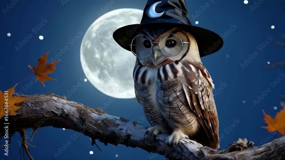 video of Owl in a pointed witch hat perched on a weathered branch under ...