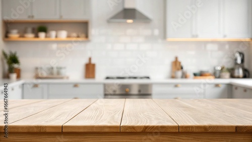 modern kitchen interior with kitchen. empty table top over defocused kitchen with copy space