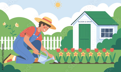 Colorful Flat Illustration of Man Gardening and Watering Flowers in Garden Scene