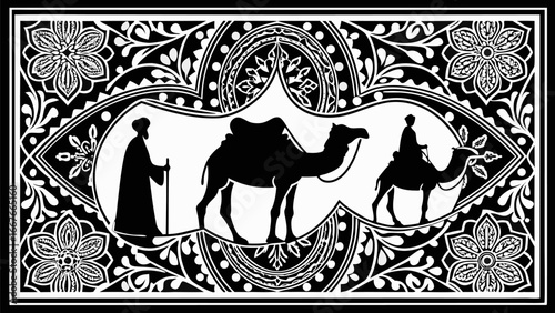 Black and white illustration of camels and travelers within an ornate decorative border design element silhouette