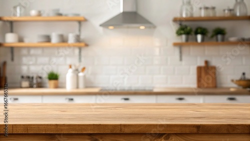 modern kitchen interior with kitchen. empty table top over defocused kitchen with copy space