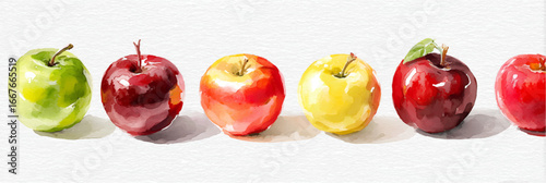 Vector illustration, set of apples in watercolor style, banner