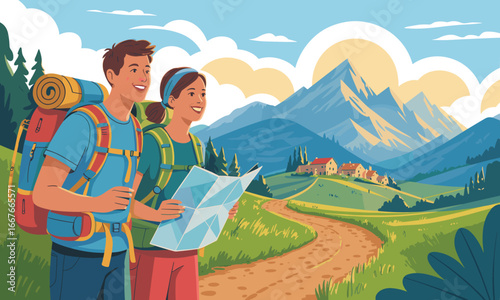 Detailed Flat Illustration of Couple Hiking in the Majestic Mountain Landscape Outdoors