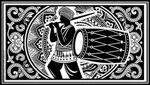 Silhouette of a musician playing a wind instrument and carrying a drum in an ornate frame with floral elements