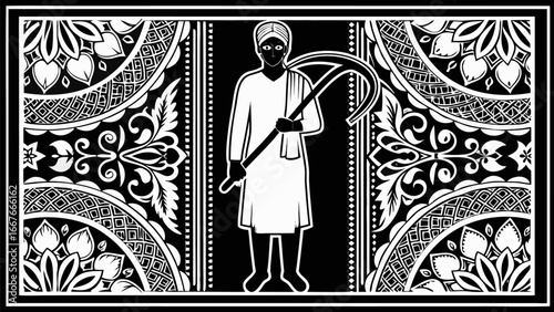 Illustration of a farmer with a scythe surrounded by floral and geometric patterns in black and white style silhouette