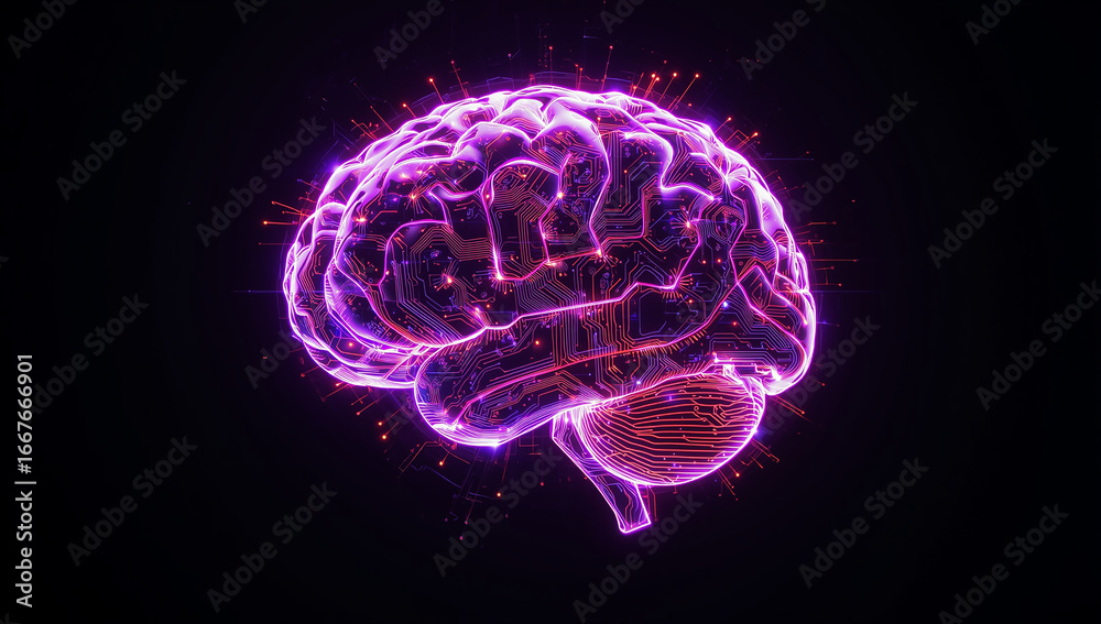 Fototapeta premium Digital brain with glowing neural network connections, artificial intelligence concept, machine learning, futuristic technology, innovation in data science, human mind and computer integration