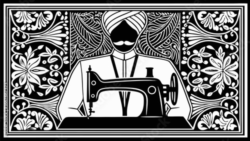 Illustration of a tailor with a turban and mustache using a sewing machine surrounded by floral designs silhouette