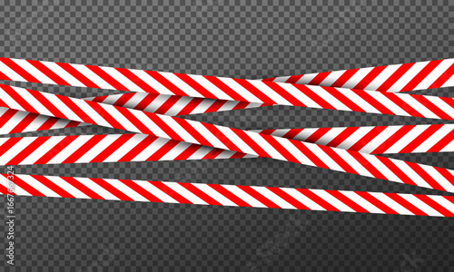 Red and white caution tapes crossing each other on a transparent background. Diagonal stripes symbolize danger, warning, or restricted area. Ideal for crime scene, construction, or safety design use.