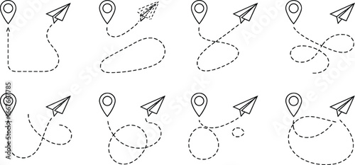 Paper plane route vector illustration, travel destination and direction concept, flight path design